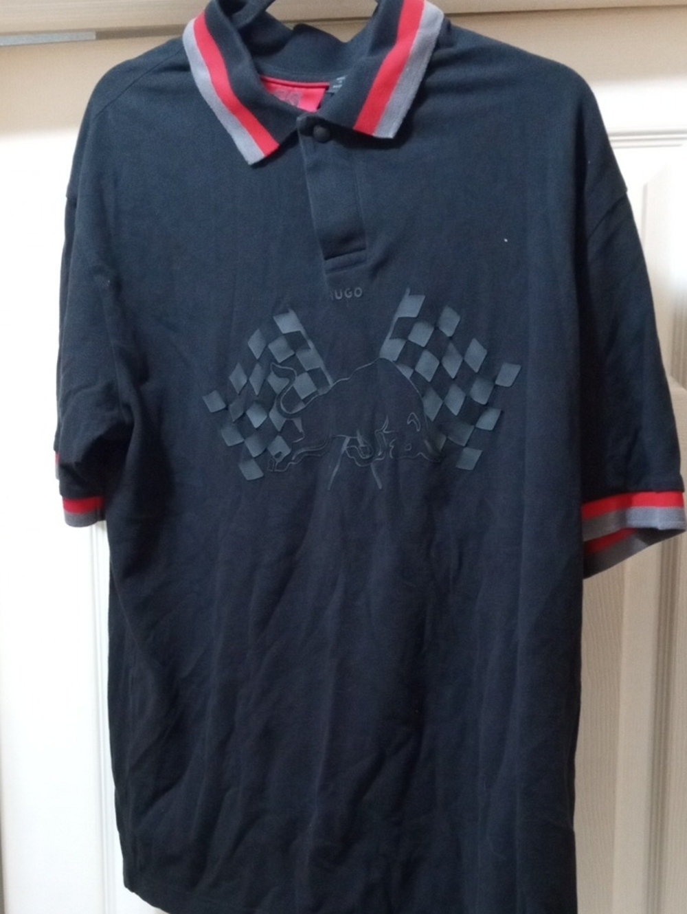 HUGO Navy Polo with Red and Gray Trim